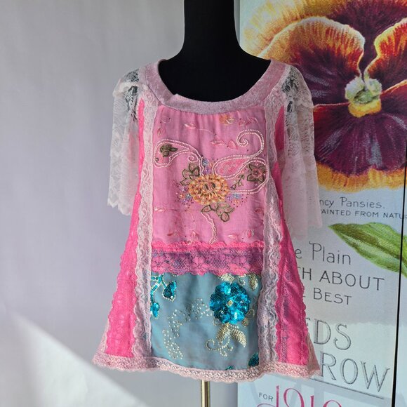 Pink & Aqua Romantic Blouse - Size Large - Picture 6 of 6